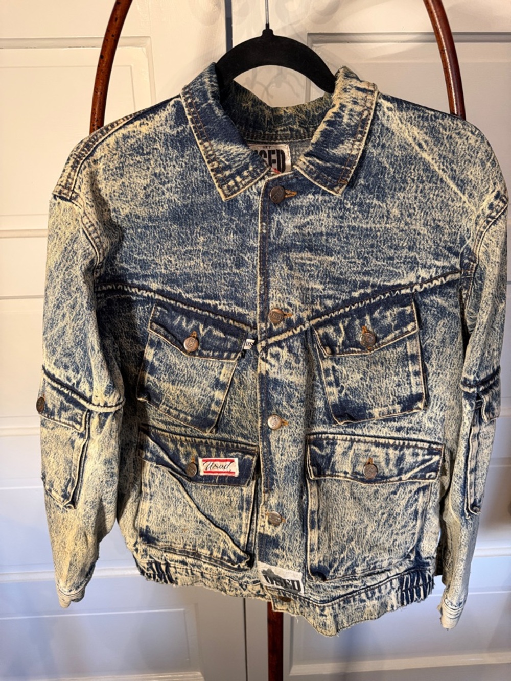 Vintage 80s Acid Wash Denim Jacket Utility Pocket Grunge Streetwear